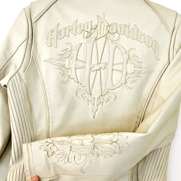100% GENUINE LEATHER CREAM HARLEY DAVIDSON BIKER MOTO JACKET SIZE SMALL - Picture 5 of 7